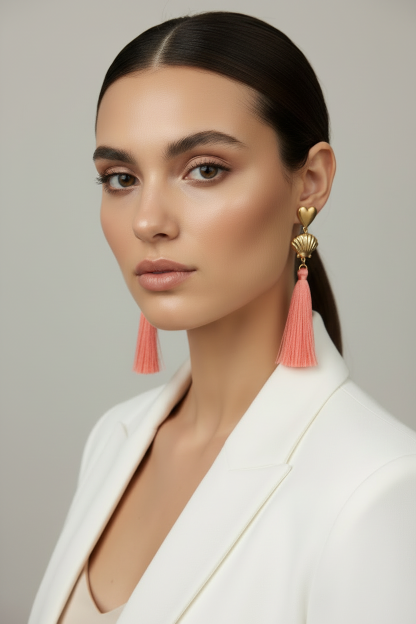 Long pink tassel earrings with gold seashell design
