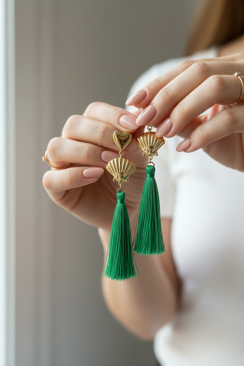 Gold heart and seashell detail on green tassel earrings