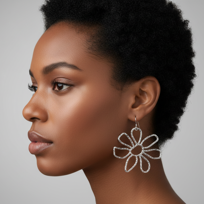 Large Silver Hammered Flower Earrings