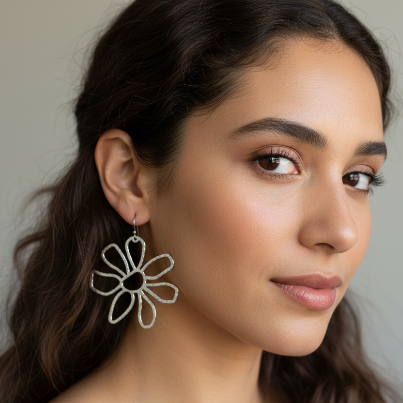 Large Silver Hammered Flower Earrings