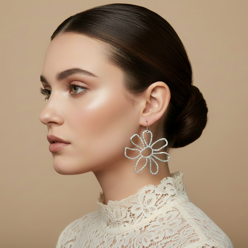 Large Silver Hammered Flower Earrings