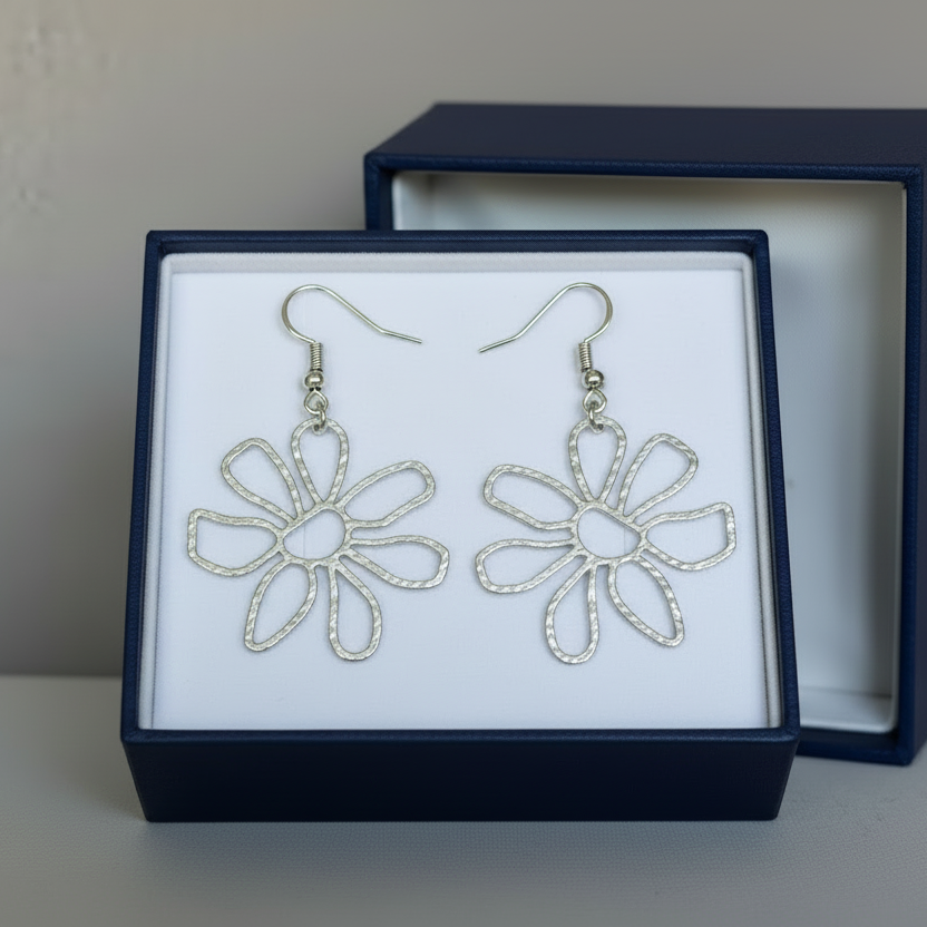 Large Silver Hammered Flower Earrings