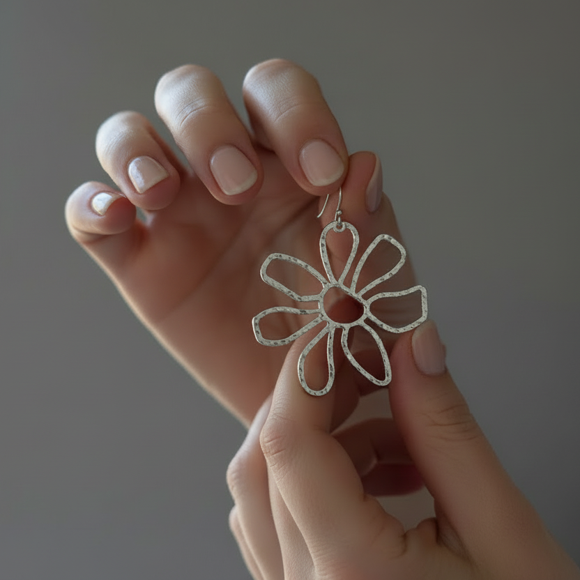 Large Silver Hammered Flower Earrings