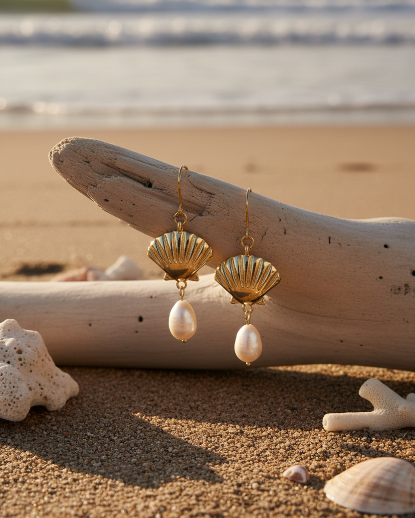 Gold Seashell And River Pearl Earrings
