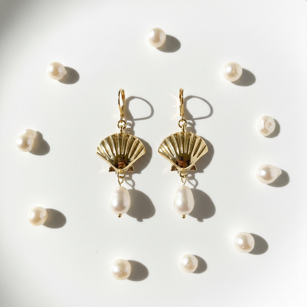 Gold Seashell And River Pearl Earrings