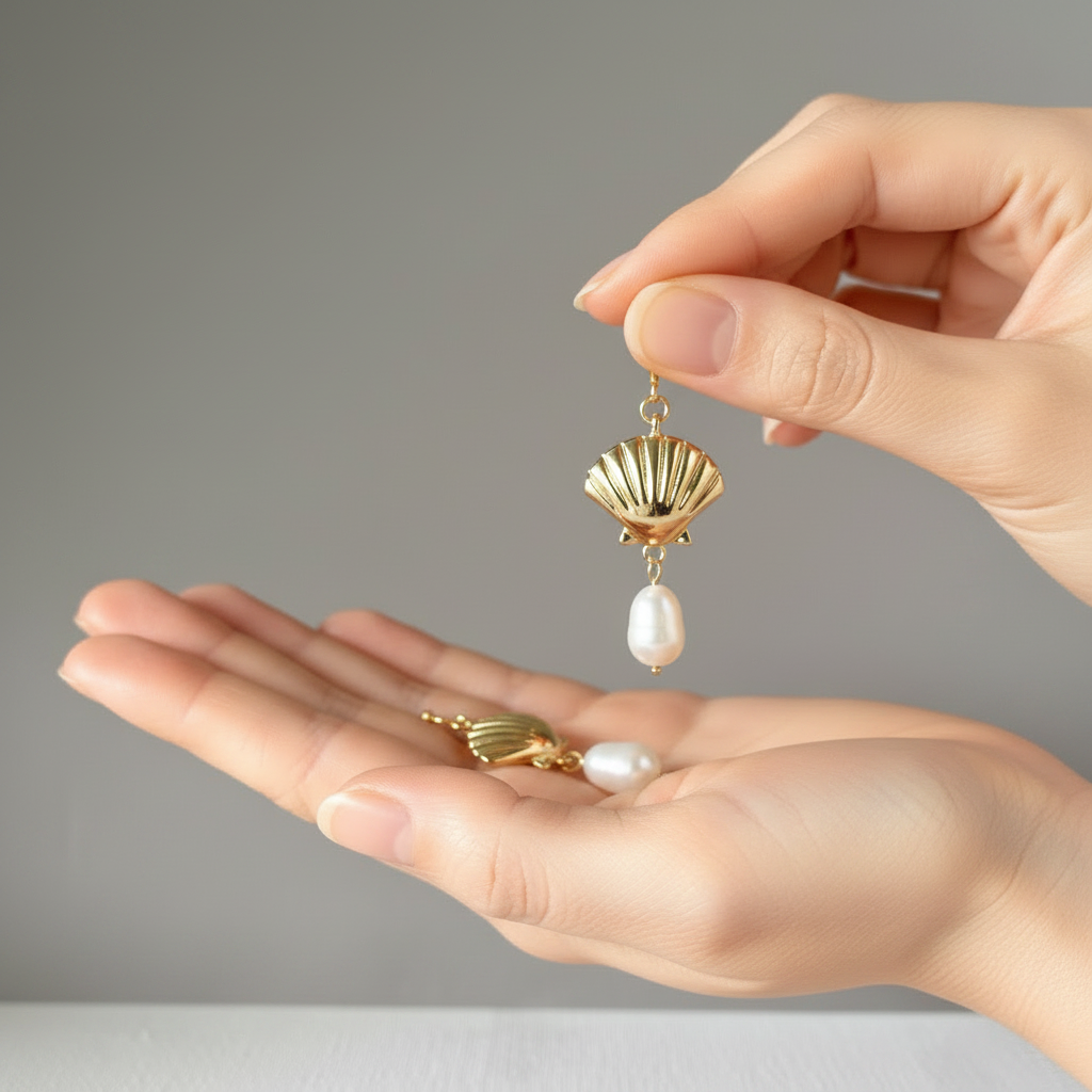Gold Seashell And River Pearl Earrings