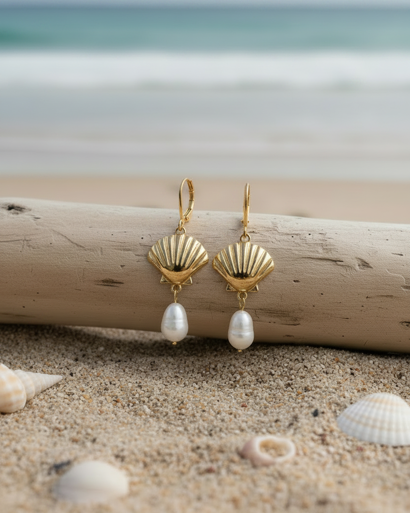 Gold Seashell And River Pearl Earrings