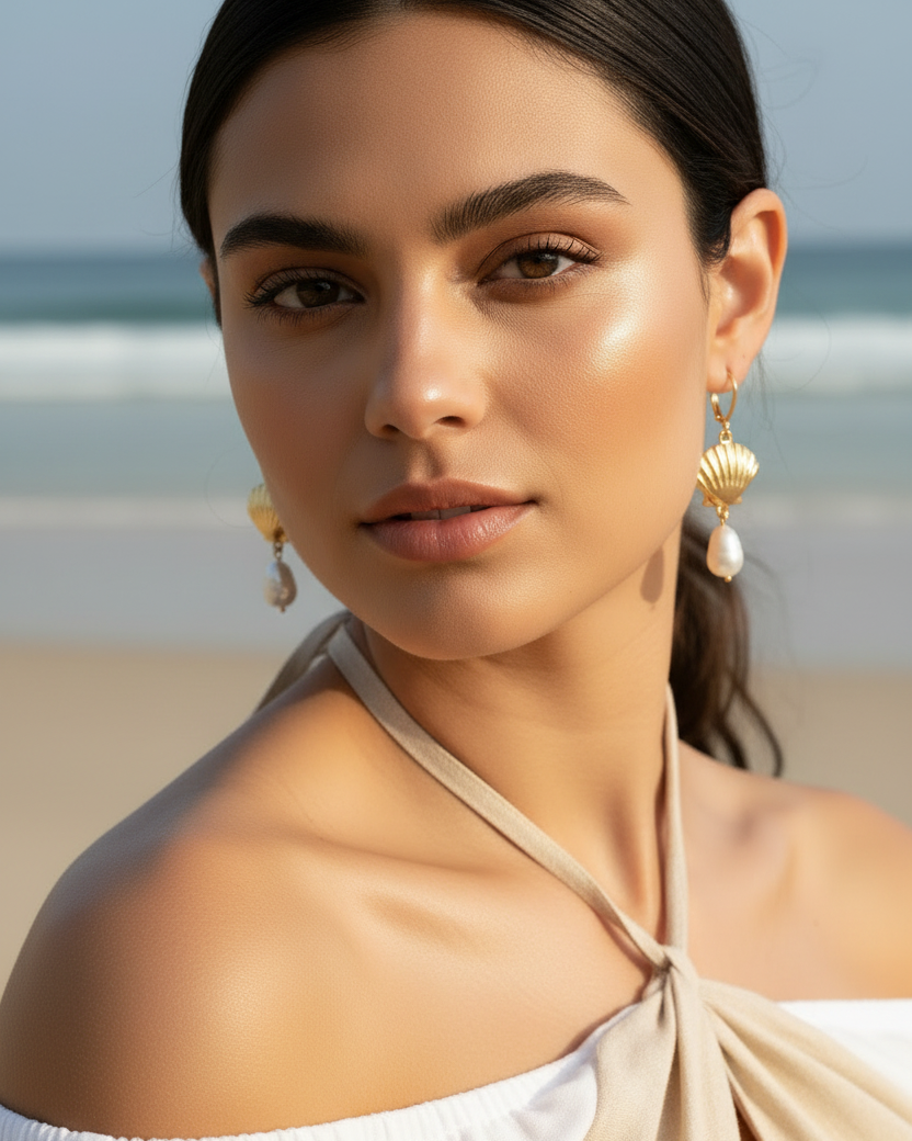 Gold Seashell And River Pearl Earrings