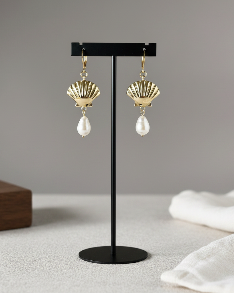 Gold Seashell And River Pearl Earrings