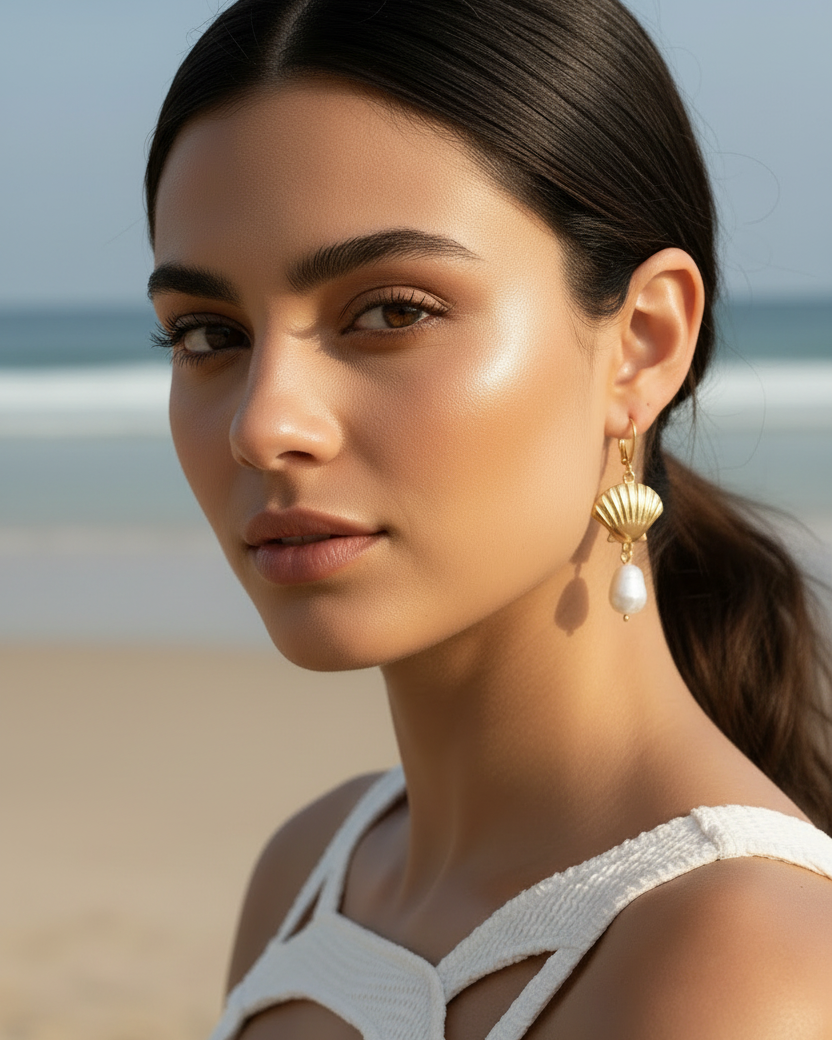 Gold Seashell And River Pearl Earrings