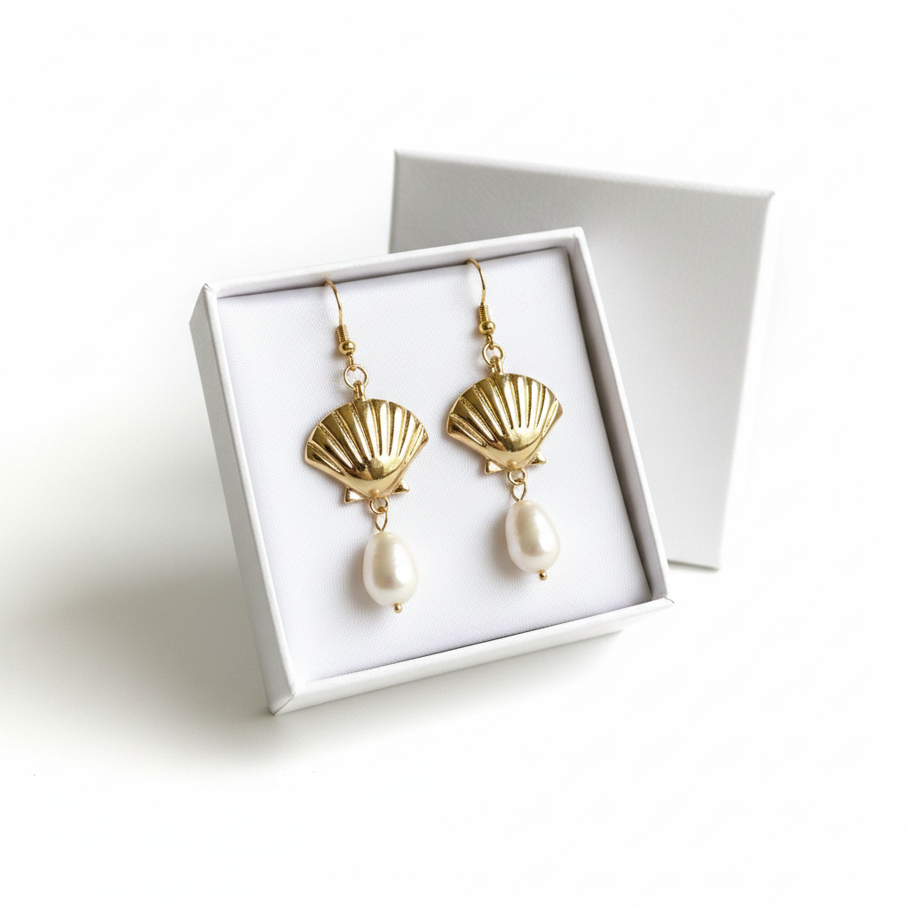 Gold Seashell And River Pearl Earrings