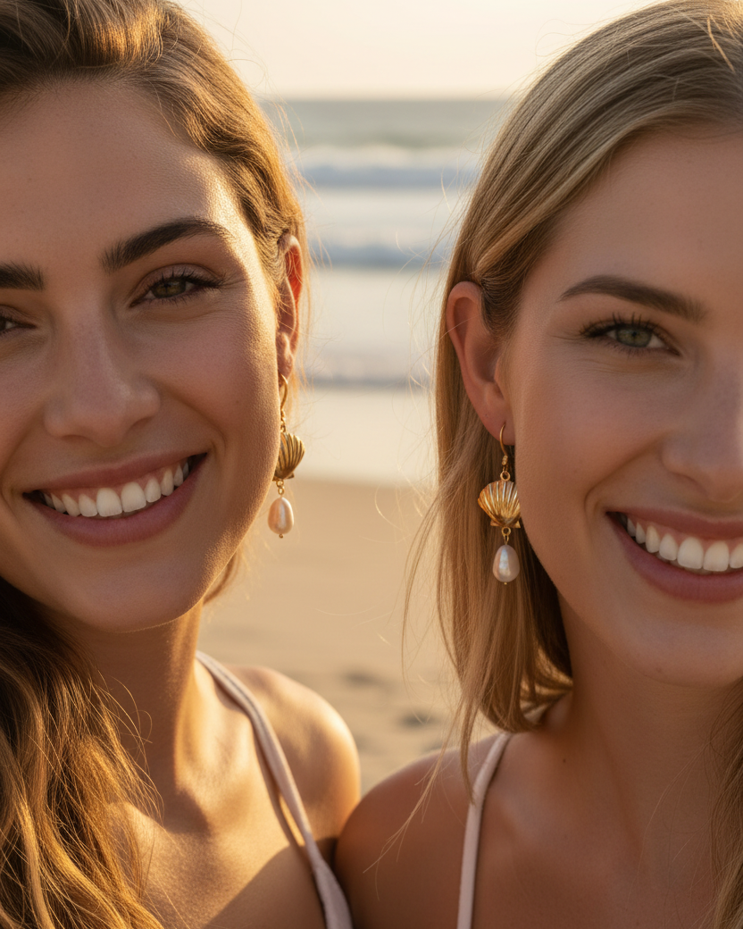 Gold Seashell And River Pearl Earrings