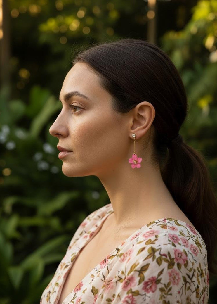 Pink Flower Drop Earrings – Gold Boho Floral Dangles – Statement Jewelry – Gift for Her __etsy:8170722103