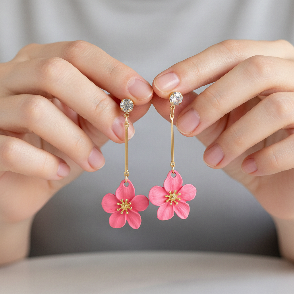 Pink Flower Drop Earrings