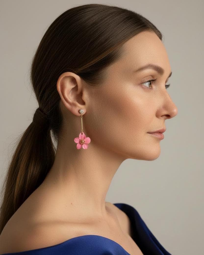 Pink Flower Drop Earrings – Gold Boho Floral Dangles – Statement Jewelry – Gift for Her __etsy:8170729657
