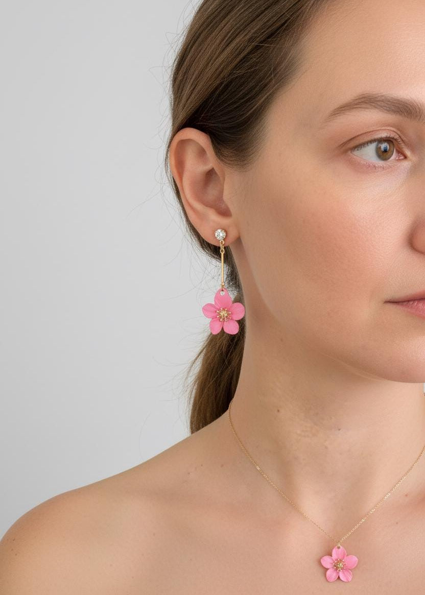 Pink Flower Drop Earrings – Gold Boho Floral Dangles – Statement Jewelry – Gift for Her __etsy:8170722033