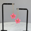 Pink Flower Drop Earrings – Gold Boho Floral Dangles – Statement Jewelry – Gift for Her __etsy:6138767058