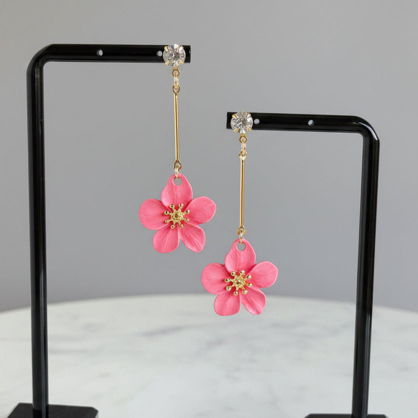 Pink Flower Drop Earrings – Gold Boho Floral Dangles – Statement Jewelry – Gift for Her __etsy:6138767058