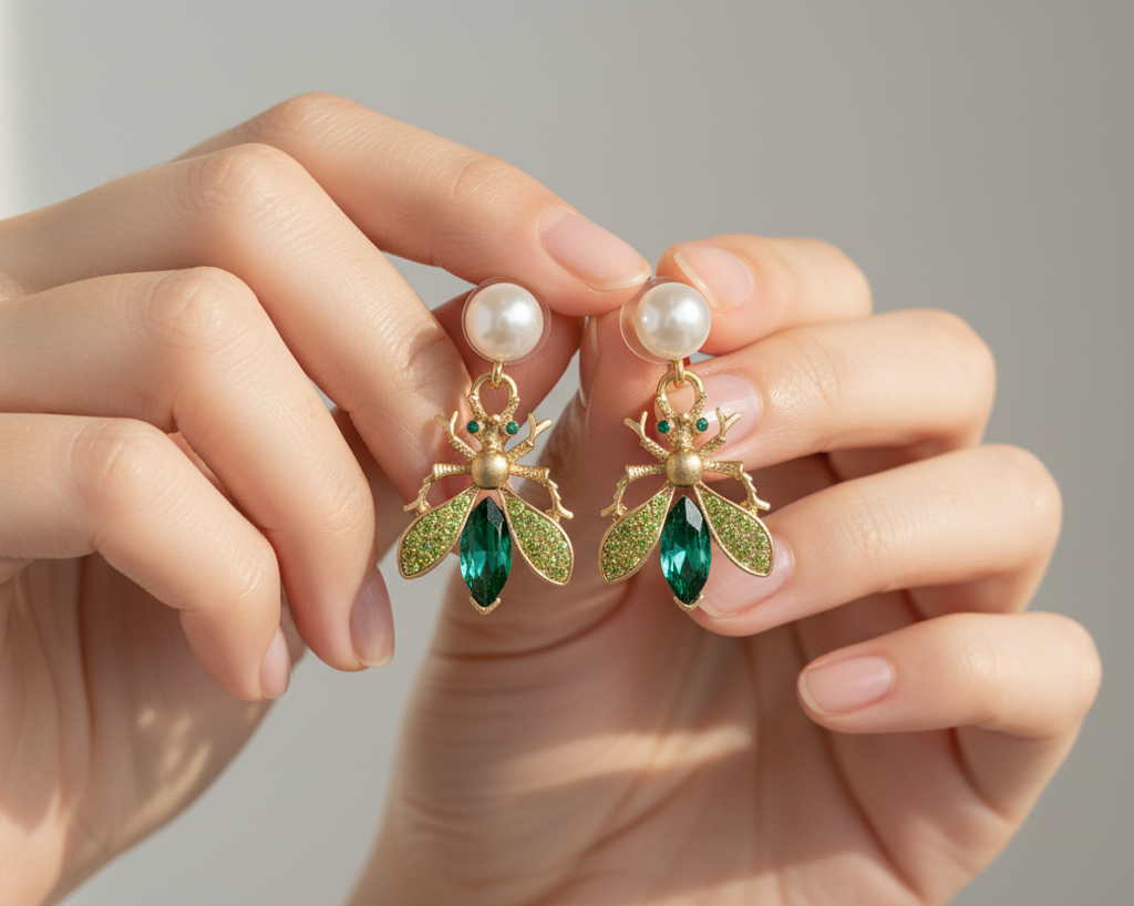 Hand holding a pair of earrings with emerald green gem and pearl bee earrings