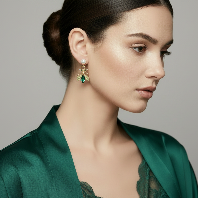 Woman wearing green gemstone earrings