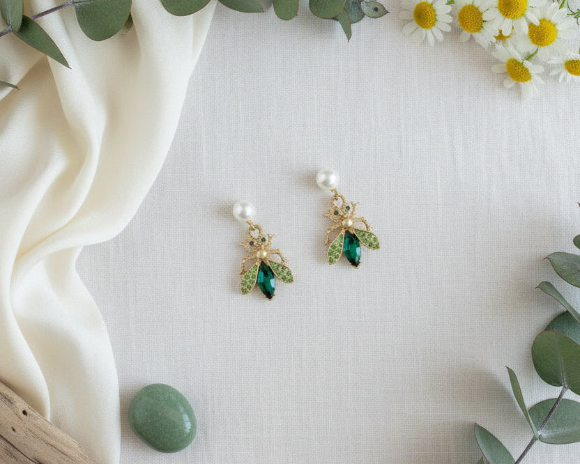 Emerald Green Insect Earrings