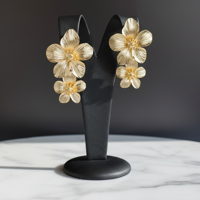 Double Flower Gold Earrings