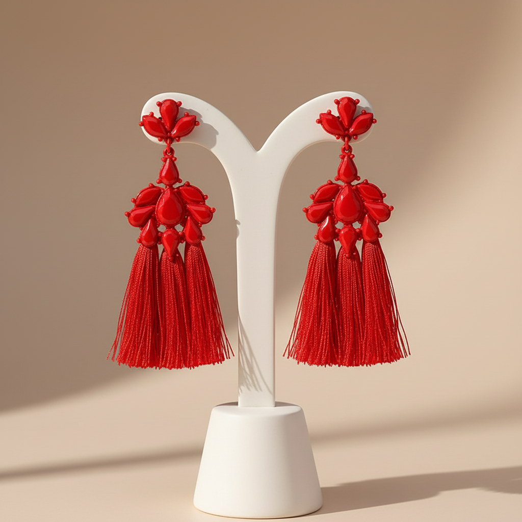 Red Tassel Statement Earrings