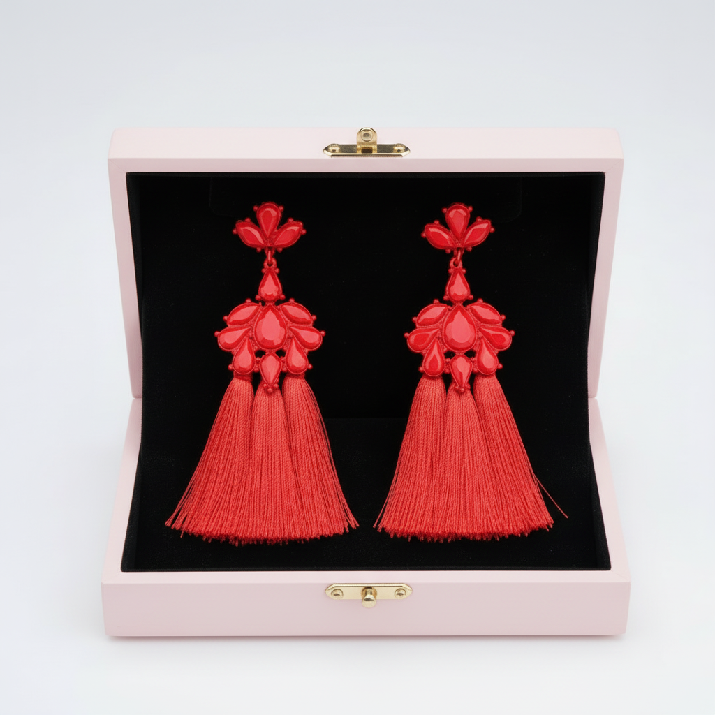 Red Tassel Statement Earrings