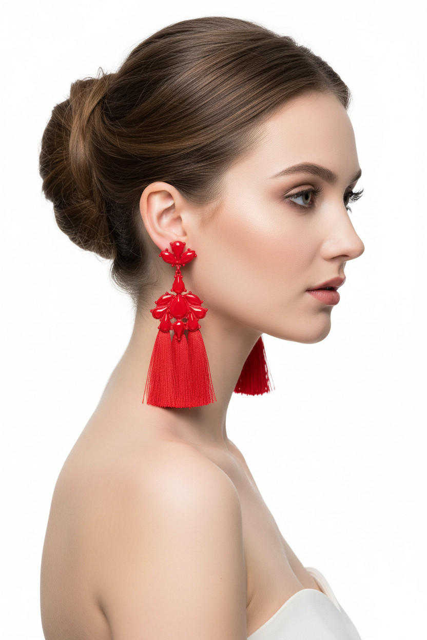 Red Tassel Statement Earrings