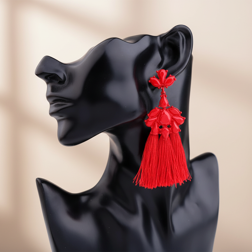 Red Tassel Statement Earrings